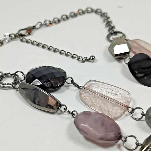 Gunmetal Chain Statement Necklace Zebra Print Beads Faceted Artisan 17" - 19" - Picture 10 of 14